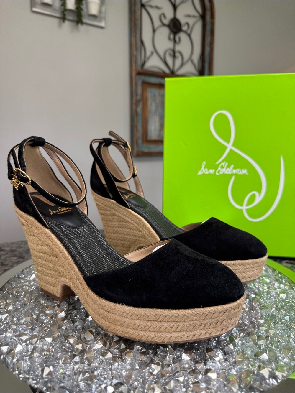 Sam Edelman Black Suede Espadrille Wedge Sandals with Ankle Strap NEW 9.5
